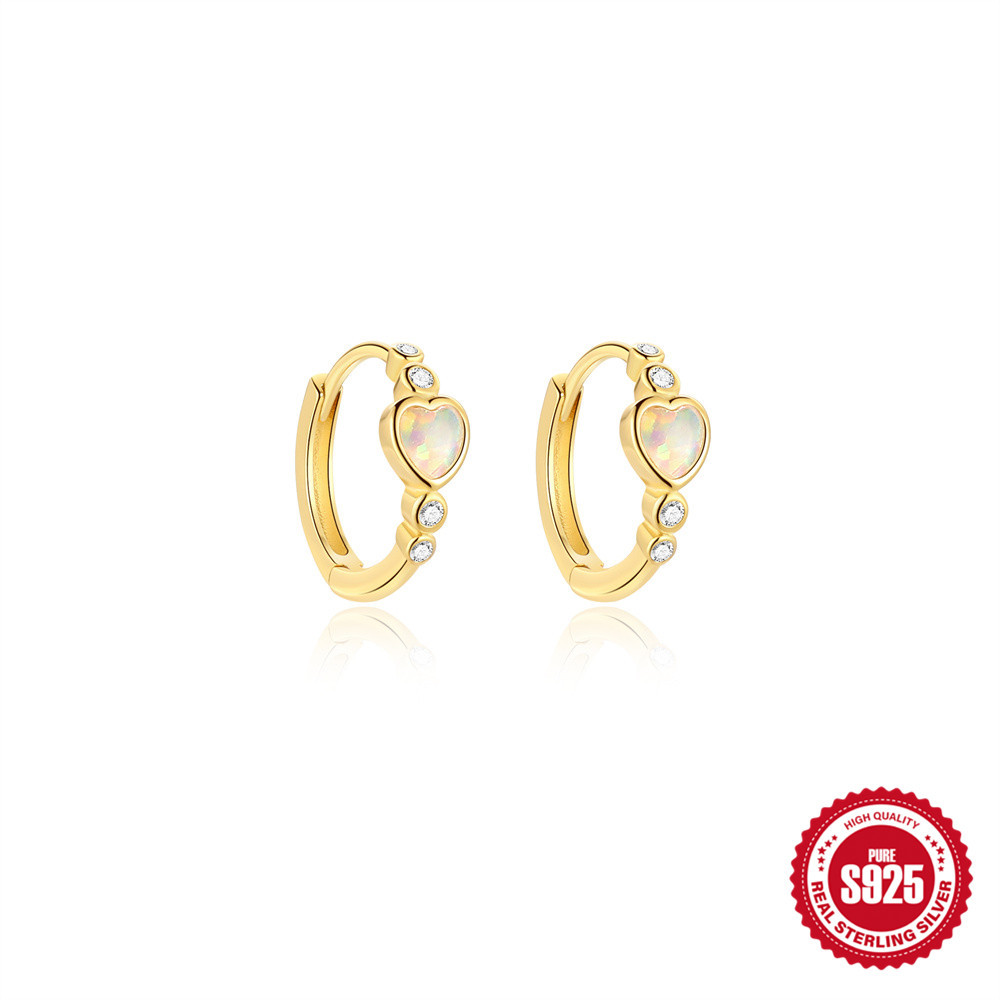 New S925 sterling silver heart-shaped opal and round cubic zirconia hoop earrings, a popular and versatile design for cross-border sales, exuding elegance and sophistication