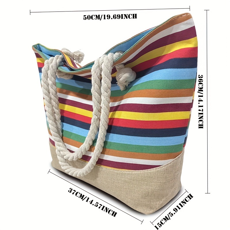 Arco iris rayas de gran capacidad tote bag cordón de cáñamo correa de hombro costera bolsa de compras de vacaciones