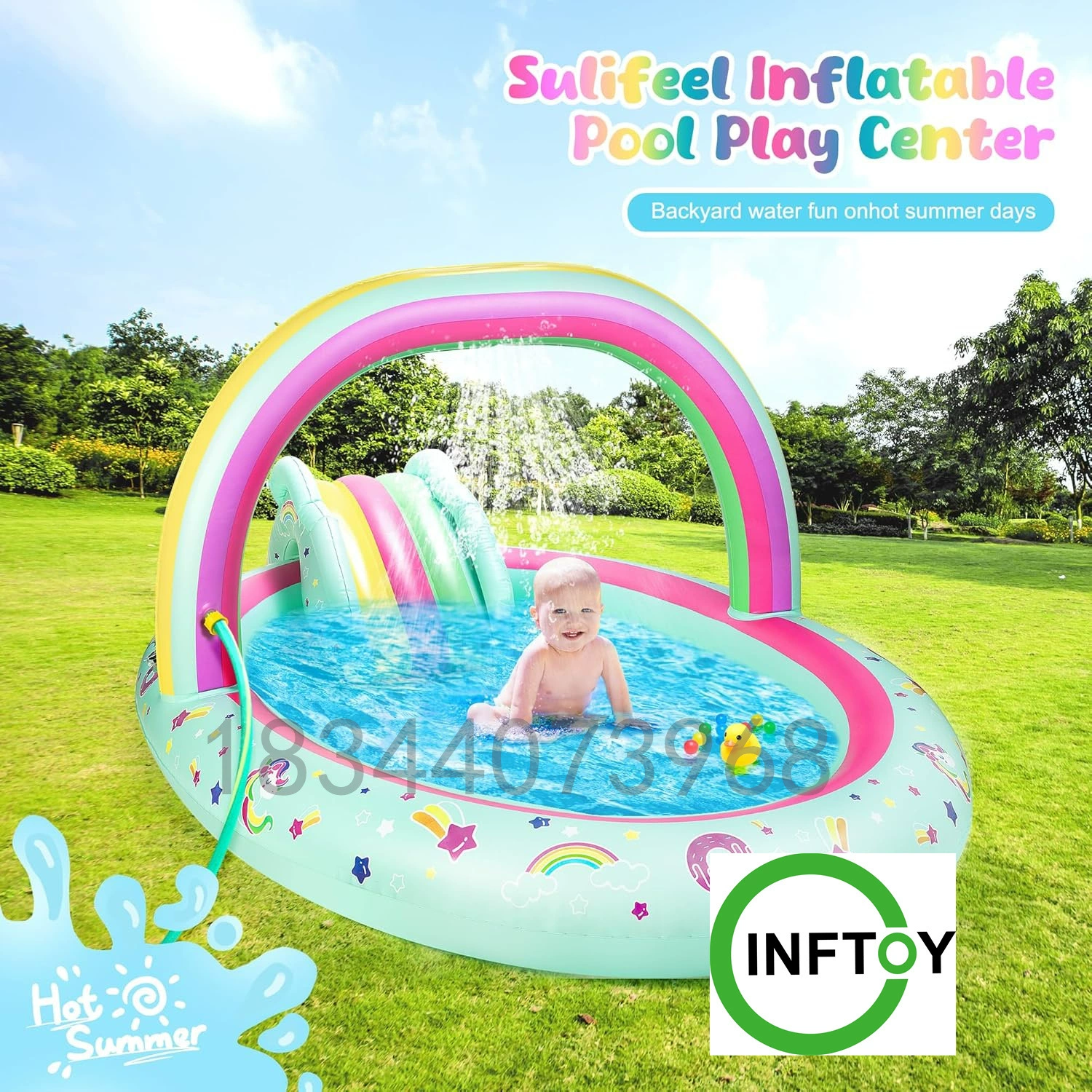 Детский надувной бассейн слайд фонтан единорог арка разбрызгиватель серфинг игры брызги воды игрушки морской бассейн