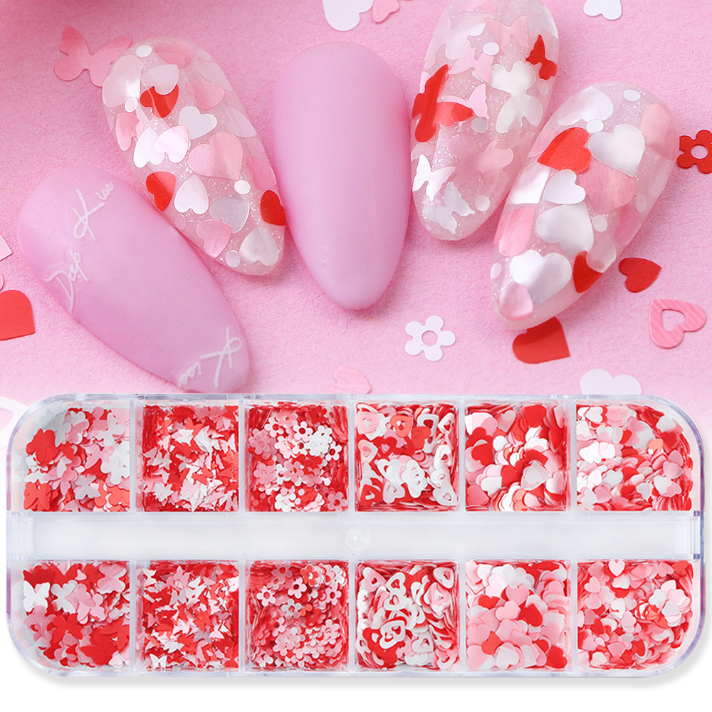 Día de San Valentín 12 cuadros en caja perlado amor accesorios de uñas rosa mariposa blanca flor uñas lentejuelas decoración de colores
