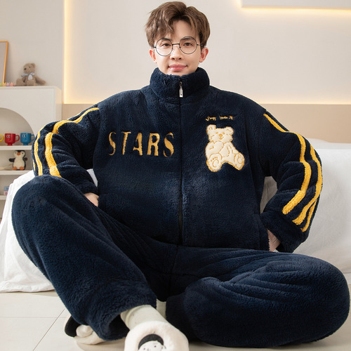 Men's Winter Pajamas, Thickened Fleece Coral Fleece, 2024 New Arrival, Men's and Teenagers' Outwear Home Wear Set