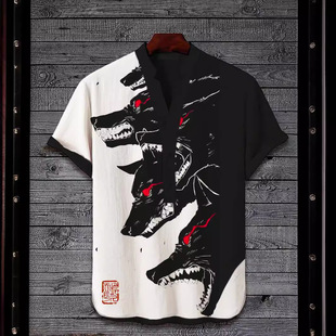 2024 cross-border new 3D digital thermal transfer animal landscape figure 3 button stand collar short sleeve shirt