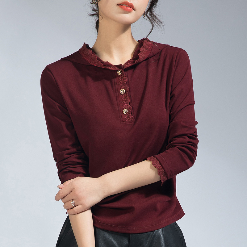 2026 Summer and Spring Long-Sleeved Casual Design Niche Black Elegant Lace-Trimmed Hooded T-Shirt Women's Tops