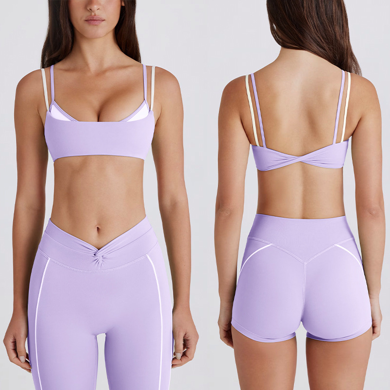 Cross-Border Color-Blocking White Stripe Faux Two-Piece Running Long Shorts Twisted Halter Sports Bra Yoga Outfit Set for Women