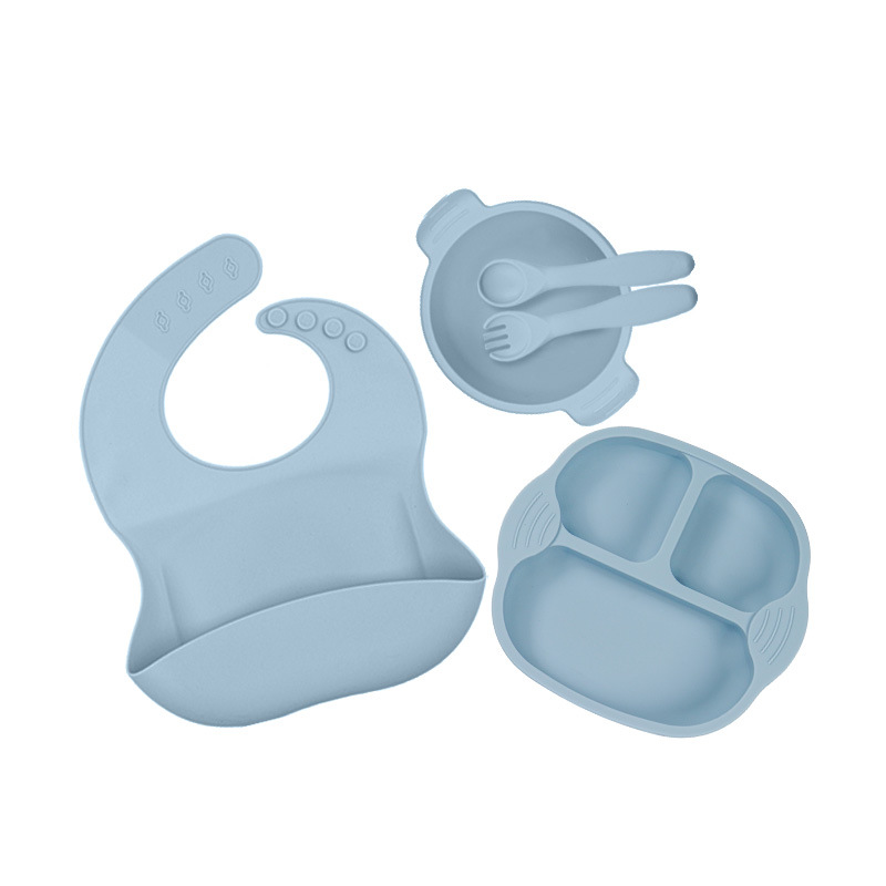 Nuevo traje de vajilla de suplemento alimenticio para niños transfronterizos Placa de silicona tazón tenedor cuchara babero taza de seis piezas conjunto de vajilla de alimentación