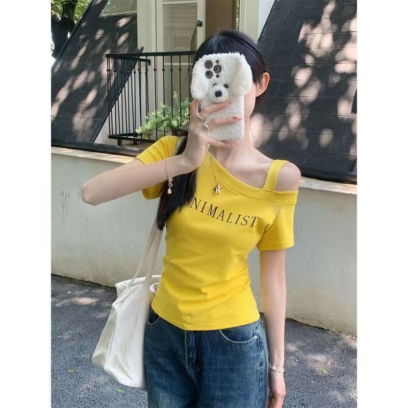 吊带斜肩露肩T恤新款夏季2025时尚设计字母印花修身短袖显瘦上衣|undefined