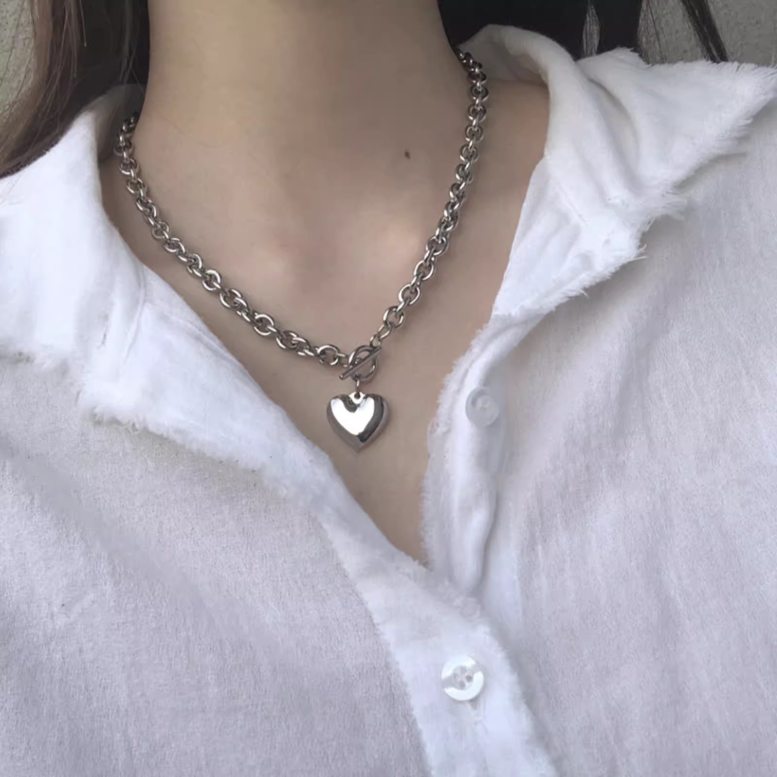 Smooth Heart Pendant Necklace With Ot Clasp In Stainless Steel_voghion.com