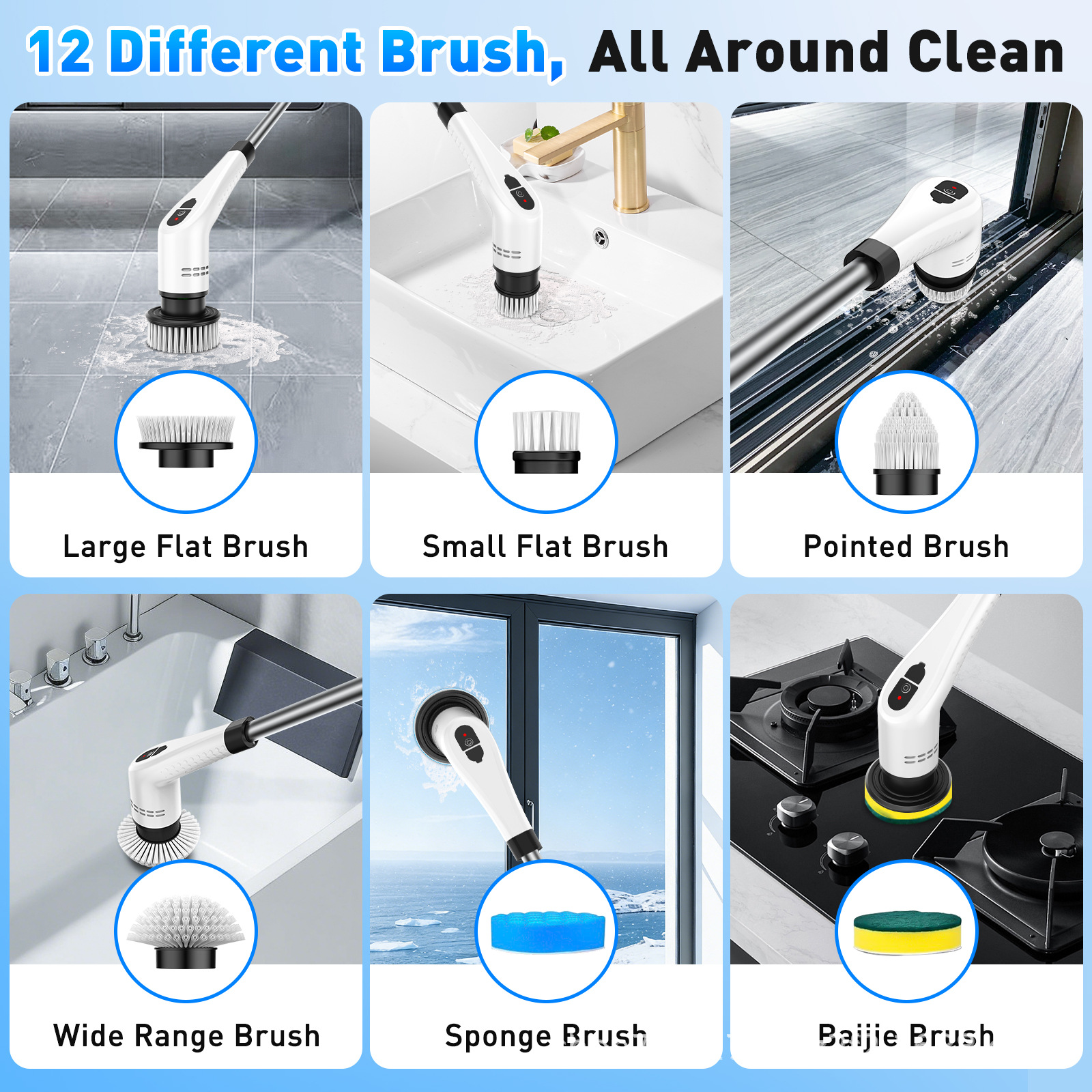 Nuevo cepillo de limpieza eléctrica multifuncional transfronterizo cocina de automóviles baño limpieza carga inalámbrica cepillo de mano cepillo de piso