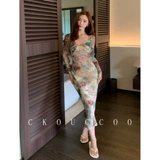 荣太法式复古桑蚕丝印花吊带两件套连衣裙系带修身真丝鱼尾长裙子