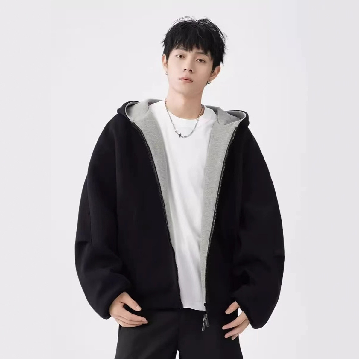 가을 겨울 남성용 아메리칸 하이 스트리트 더블 지퍼 후드 스웨트셔츠 트렌디 브랜드 핸섬 루즈 캐주얼 다용도 스포츠 카디건 재킷