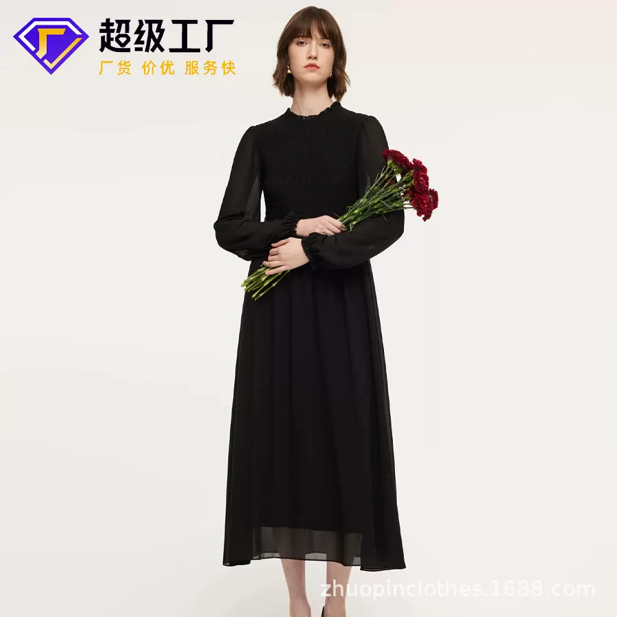 定制跨境法式复古温柔风打揽裙欧美风简约收腰显瘦通勤大摆连衣裙