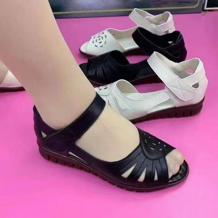 Plus Size Velcro Fish Mouth Mom Sandals Export Wholesale Middle-Aged and Elderly Women's Sandals 2025 Summer New Small Leather Shoes