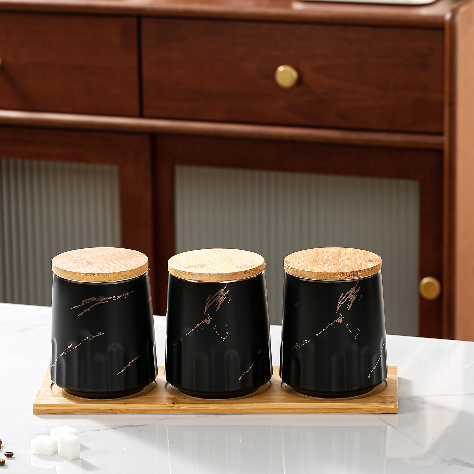 Tanque sellado de cerámica Tanque de almacenamiento Tapa de madera Productos secos Tanque de almacenamiento de té Tanque de condimento de cocina Juego de latas de café