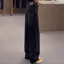 黑色窄版直筒加厚加绒牛仔裤女潮ins洋气时尚胖mm高腰宽松阔腿裤