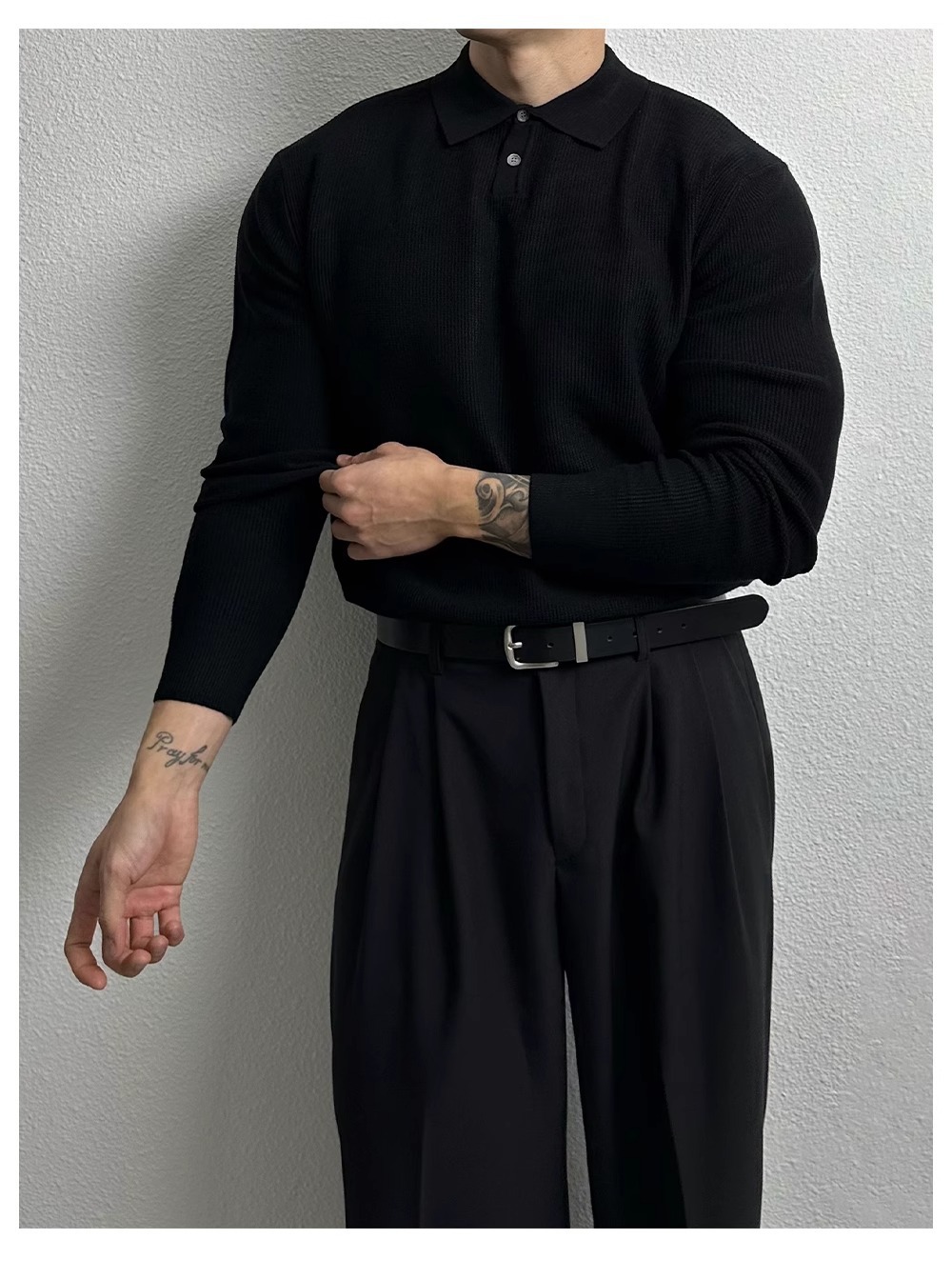 Oversized Polo Knit Sweater For Men – Business Casual Long Sleeve Pullover, Plus Size European Fit (Black/Beige/Gray)_viptrois.com
