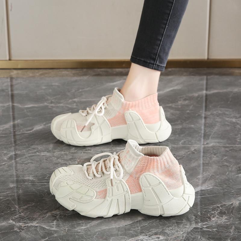 2025 새로운 봄, 가을 두꺼운 밑창 스포츠 신발 여성 레이스 업 미끄럼 방지 플라잉 짠 여성 신발 다목적 야외 러닝 여성 스포츠 신발