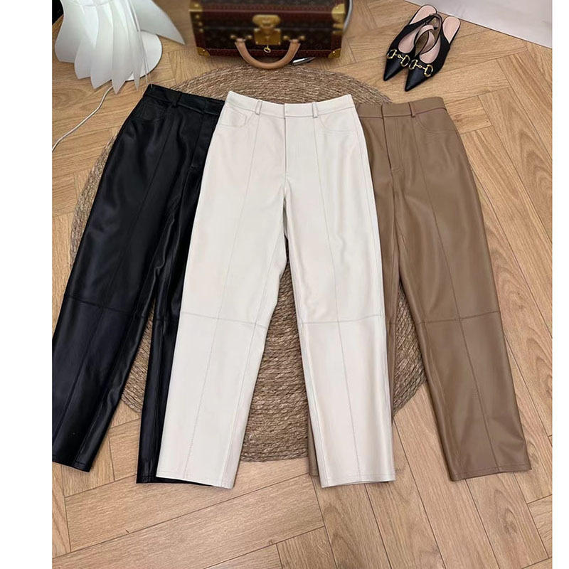 Genuine Sheepskin Leather Pants for Women, Spring and Autumn 2025 New High-Waisted Straight-Leg Suit Pants, Petite Cropped Harem Pants for Commuting