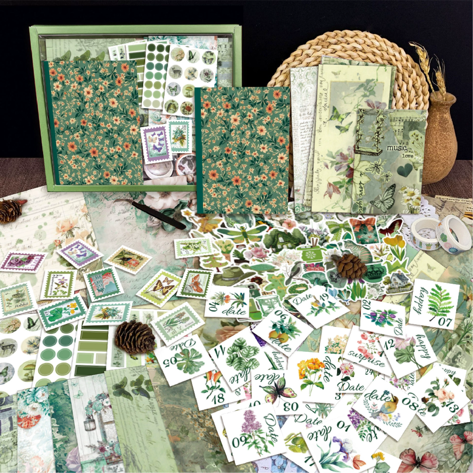 Набор для скрапбукинга в ретро-стиле, зеленые стикеры для планировщика, 260 штук, с цветочными и растительными узорами, для творчества, подарочная коробка