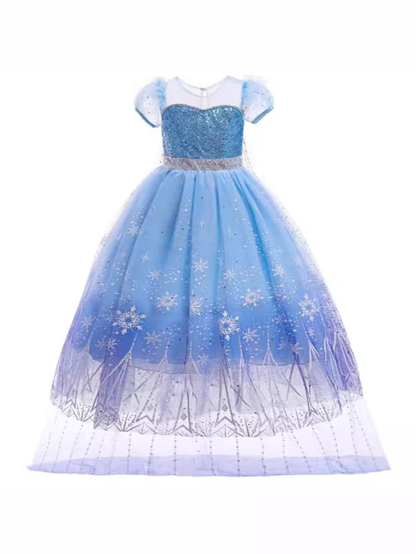 女の子用光るロングドレス アナと雪の女王 エルサ プリンセスドレス パフスリーブワンピース 取り外し可能なフロア丈のトレーン付き子供ドレス|undefined