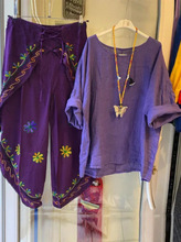 高端紫色亞麻上衣女裝寬松大碼蝙蝠衫棉麻t恤女復古文藝中袖夏季