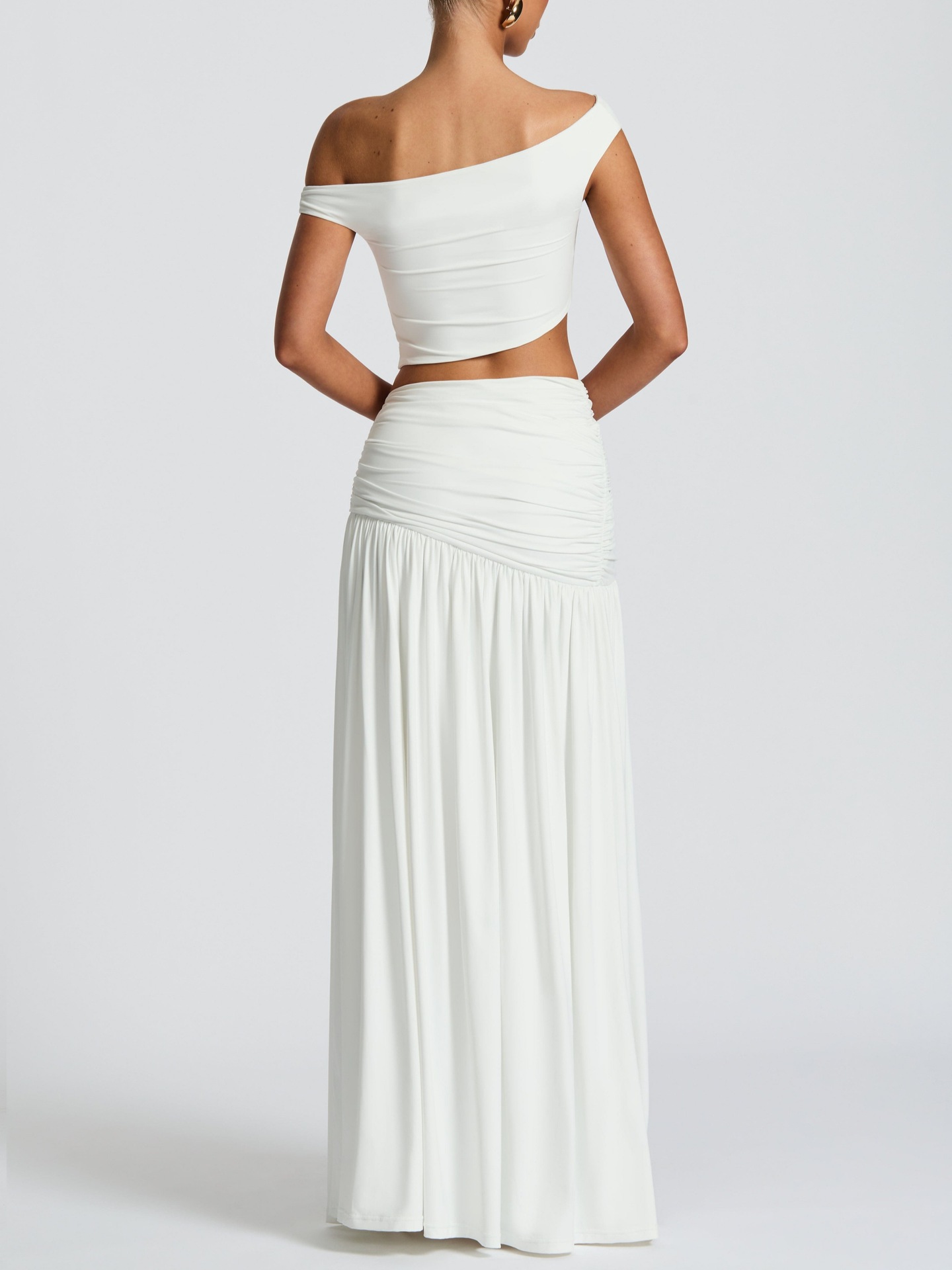 Women Sexy One Shoulder Off Shoulder Crop Top High Waist Slit Tucked Midi Skirt Two Piece Dress Set Ladies Party Outfit_ecoleips.com