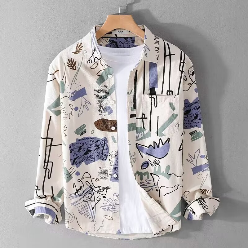2026 Japanese-Style Art Graffiti Long-Sleeve Shirt for Men, Casual Loose Versatile Trendy Personality Jacket-Style Top for Men