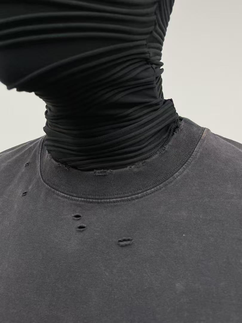 300G pesado americano desgastado cuello redondo caer hombro camiseta de manga corta marca de moda masculina oversize retro lavado con agua hacer viejos in