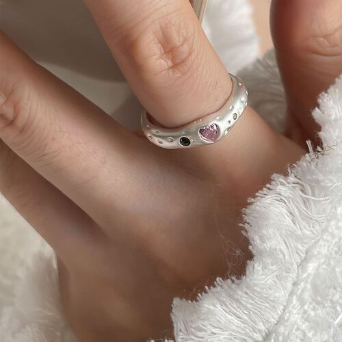 Peach oolong tea 925 sterling silver ins ring women's strawberry crystal fresh and simple index finger ring gentle colorful diamond ring trendy