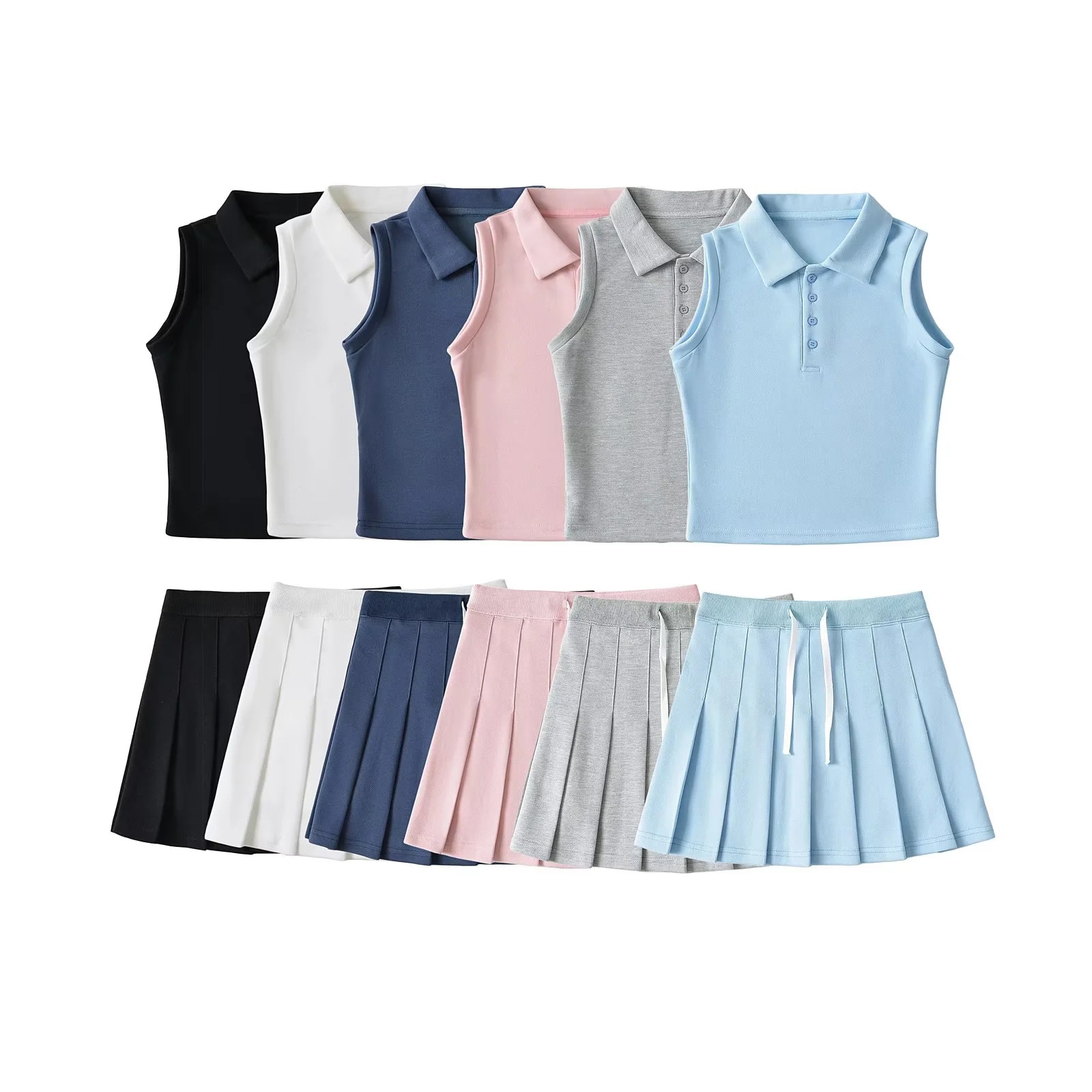 College Style Age-Reducing Sleeveless Retro Polo Collar Short Vest + Sports Cool Pleated Skirt Two-Piece Suit