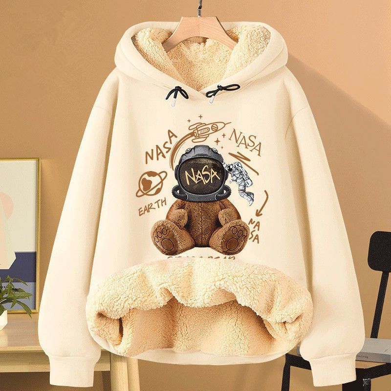 Extra-thick Lambskin Hooded Sweatshirt Women's 2023 New Fall/Winter Joker fleece-lined Thickened Loose Jacket Coat 12 Extra-thick Lambskin Hooded Sweatshirt Women's 2023 New Fall/Winter Joker fleece-lined Thickened Loose Jacket Coat 12