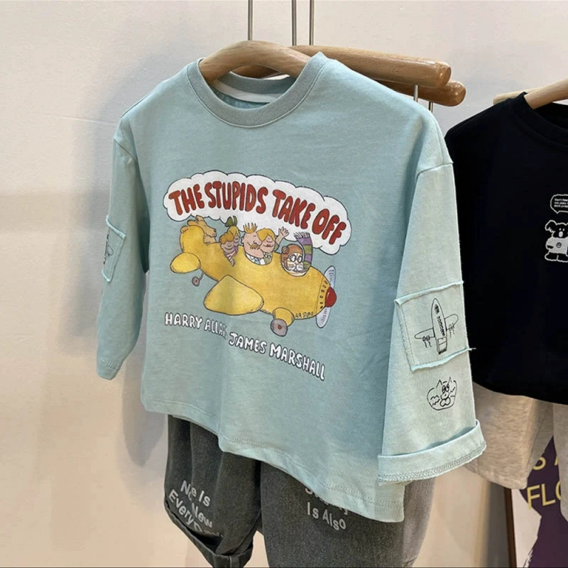 Spring children's cartoon long-sleeve, stickers for men and women, patch, T-shirt, loose fit, western style