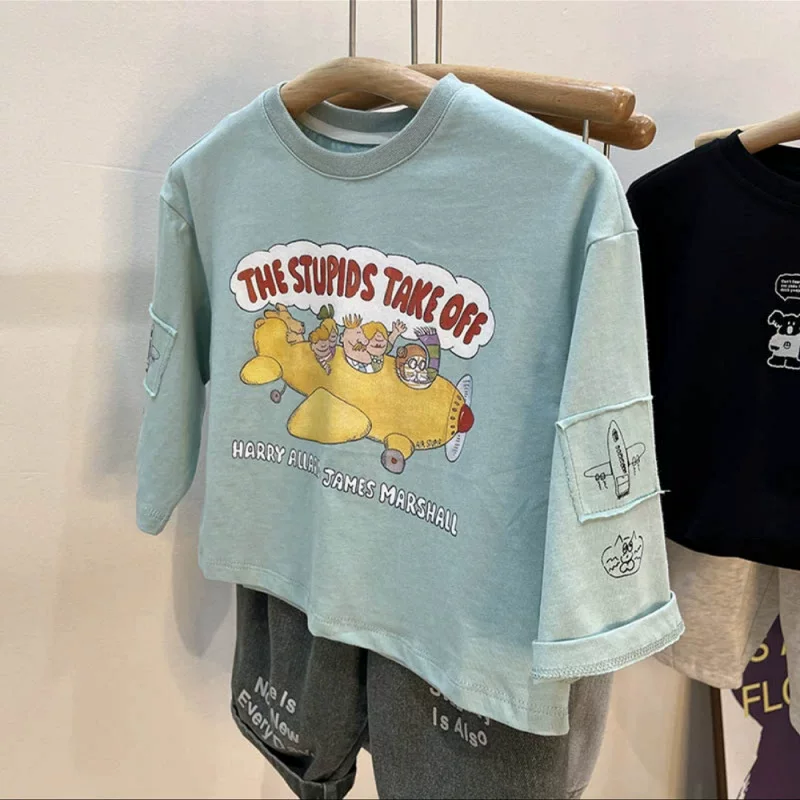 Spring children's cartoon long-sleeve, stickers for men and women, patch, T-shirt, loose fit, western style