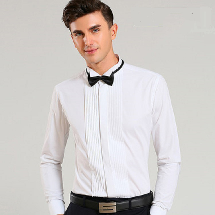 Formal Dress Plain French Shirt Best Man Tuxedo Dress French Cufflinks Shirt Long Sleeve Wing Collar Banquet Bow Tie Solid Color