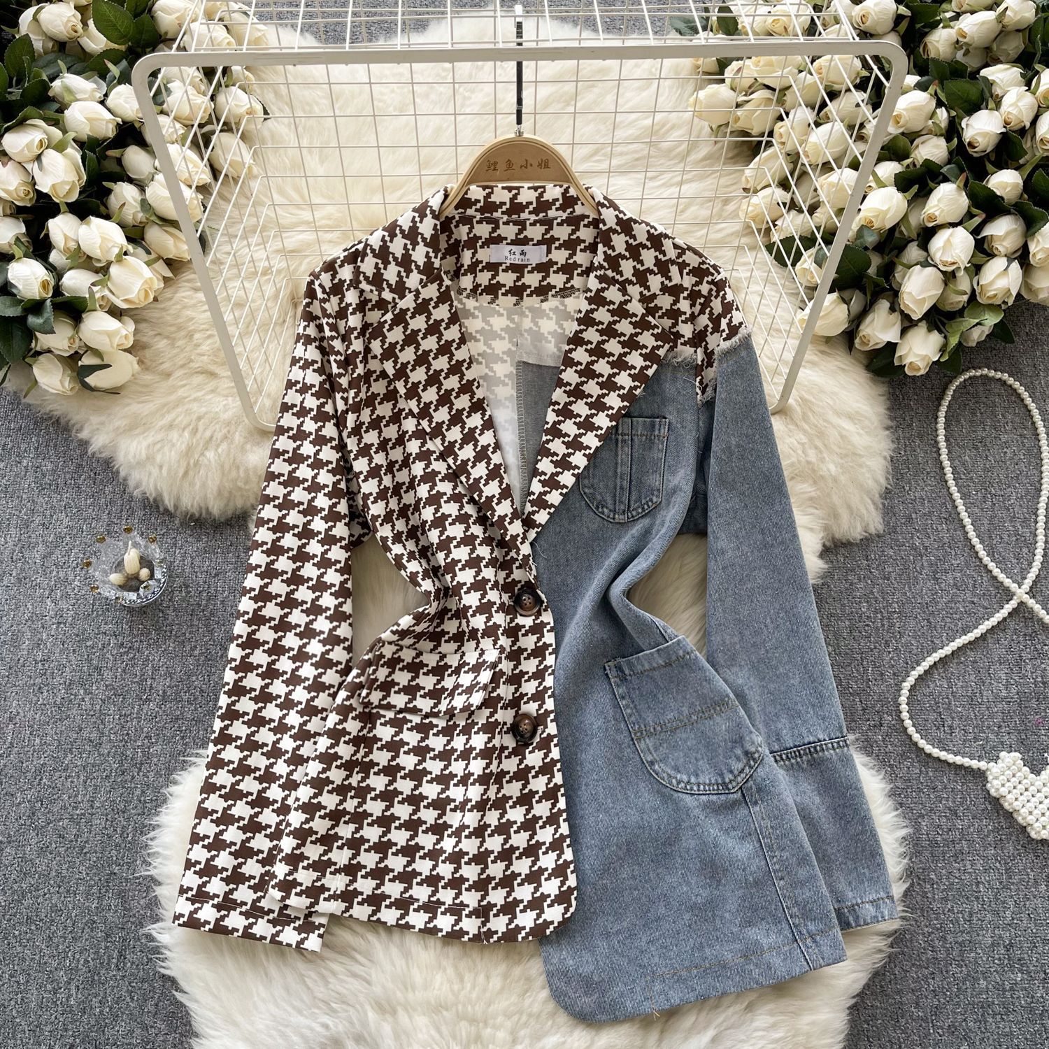 Light Luxury European and American High-end Suit Jacket Women's Irregular Stitching Denim Design Fried Street Royal Sister Elegant Top Trendy