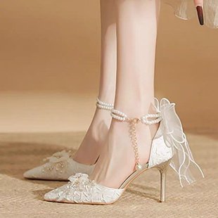 2025 New White High Heels Women's Stiletto-heeled Wedding Dress Two-way Bow Wedding Shoes with a Single Shoes for Women