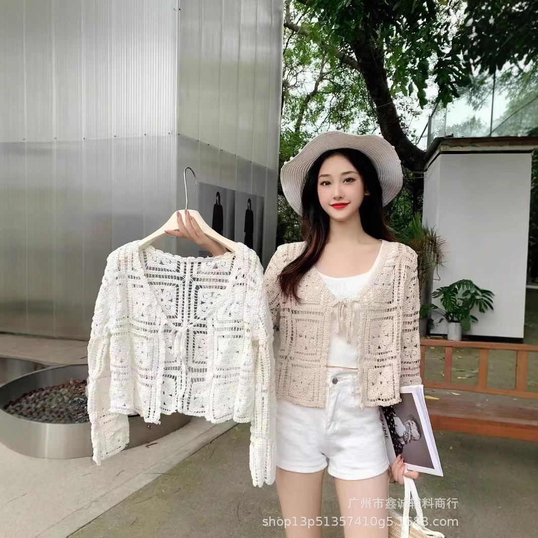 French-style Design Sense Hollow-out Crochet Sunscreen Knitted Cardigan Thin Long-sleeved Slimming Age-reducing Short Blouse Top for Women