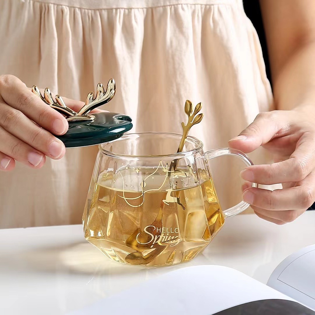 Estilo nórdico chapado en oro de vidrio transparente con tapa cuchara taza de diamante regalo de Navidad taza de beber Oficina