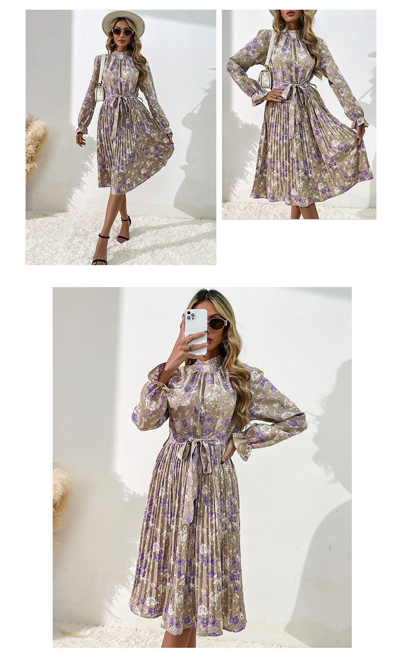 autumn high collar trumpet sleeve pleated floral dress nihaostyles wholesale clothing NSDMB88628