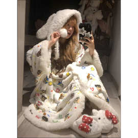 可爱卡通小新法兰绒睡袍女秋冬毛茸茸加厚保暖连帽外套家居服睡衣