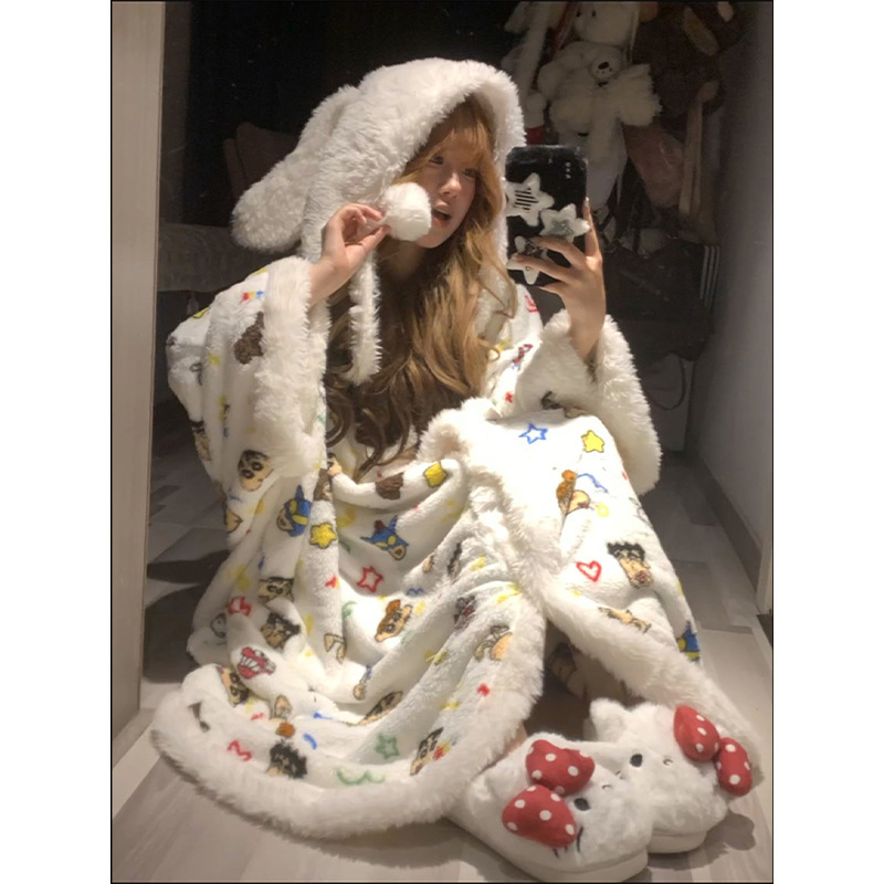 Cute Cartoon Xiaoxin Flannel Nightgown Women's Autumn and Winter Furry Thickened Warm Hooded Jacket Home Clothes Pajamas