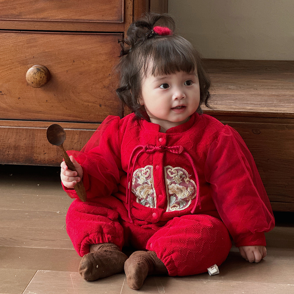 Ropa de bebé de una pieza de otoño e invierno más chaqueta de algodón con clip de terciopelo 0-2 años, luna llena, cien días, mameluco, ropa de Año Nuevo, ropa de fin de año 3