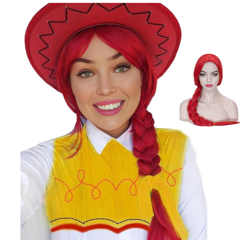 Toy Story 4 Jessie Cos Red Braided Wig with Red Parting for Women