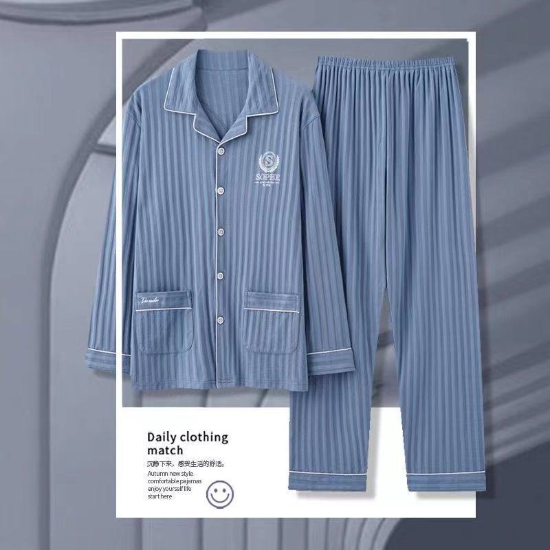 Pijama de algodón masculino primavera y otoño cardigan de manga larga suelta más grande se puede usar fuera del conjunto de ropa de casa
