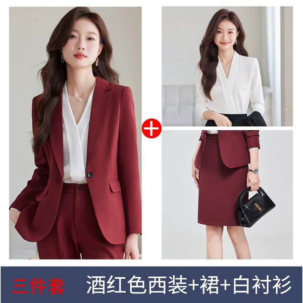 Set, burgundy classic suit jacket, shirt, 3 piece set
