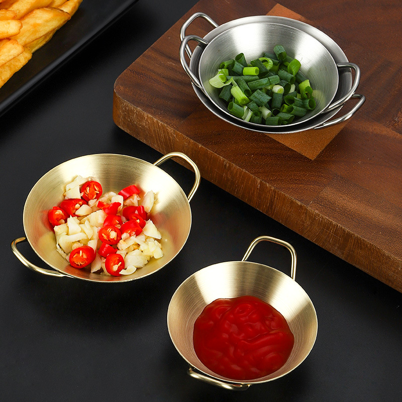 Korean Style 304 Stainless Steel Sauce Double Ears Plate Gold Commercial BBQ Dipping Plate Seasoning Plate Kimchi Side Dish Plate