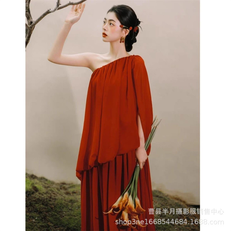 影楼新款中式主题摄影服装红色晨袍氛围连衣裙少女写真艺术照礼服|undefined