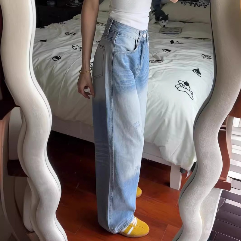 美式宽松垂感阔腿牛仔裤女复古高腰显瘦新款2024春秋高街拖地裤子|undefined