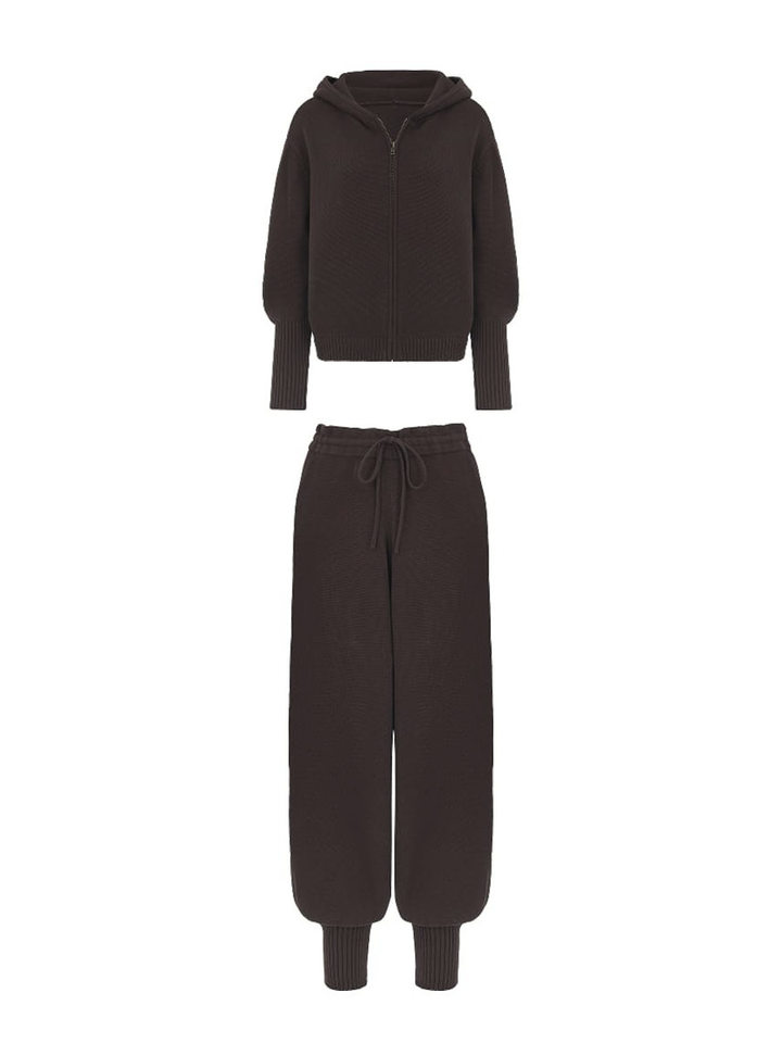 Bộ áo cardigan dệt kim có mũ khóa kéo dáng rộng kèm quần ống ôm cotton — Màu cà phê, Màu trắng, Màu xanh dương, Xanh lá cây chi tiết 15