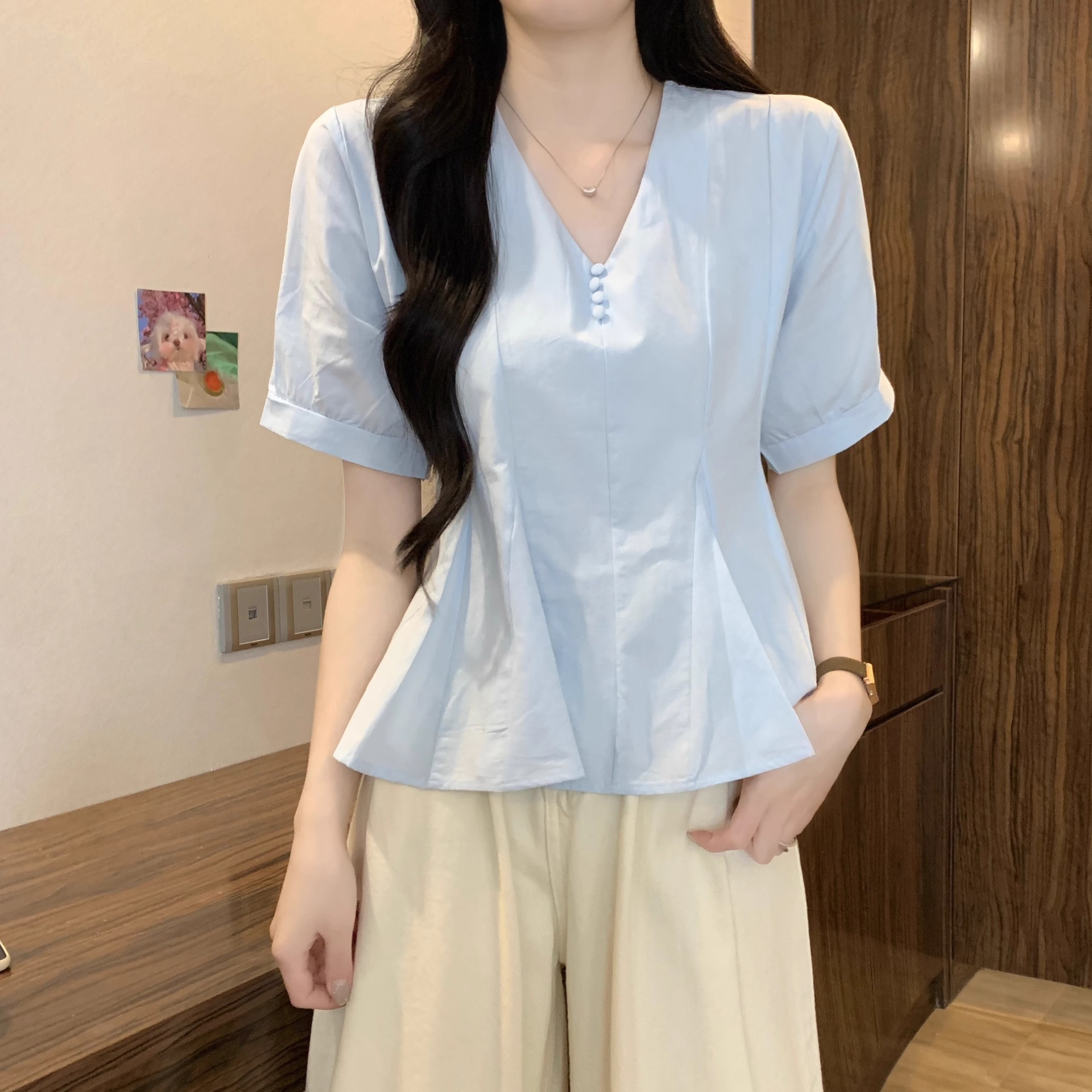 Áo sơ mi nữ cỡ lớn tay ngắn màu xanh lam dáng suông che khuyết điểm — Màu xanh lam chi tiết 10