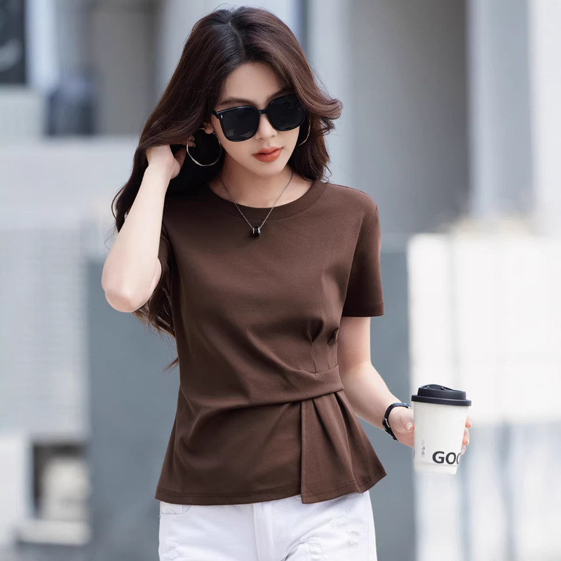 52039 Short-sleeved T-shirt Women's 2025 New Summer High-end Sense Top Temperament Pure Cotton Crewneck T-shirt Small Shirt Half-sleeved
